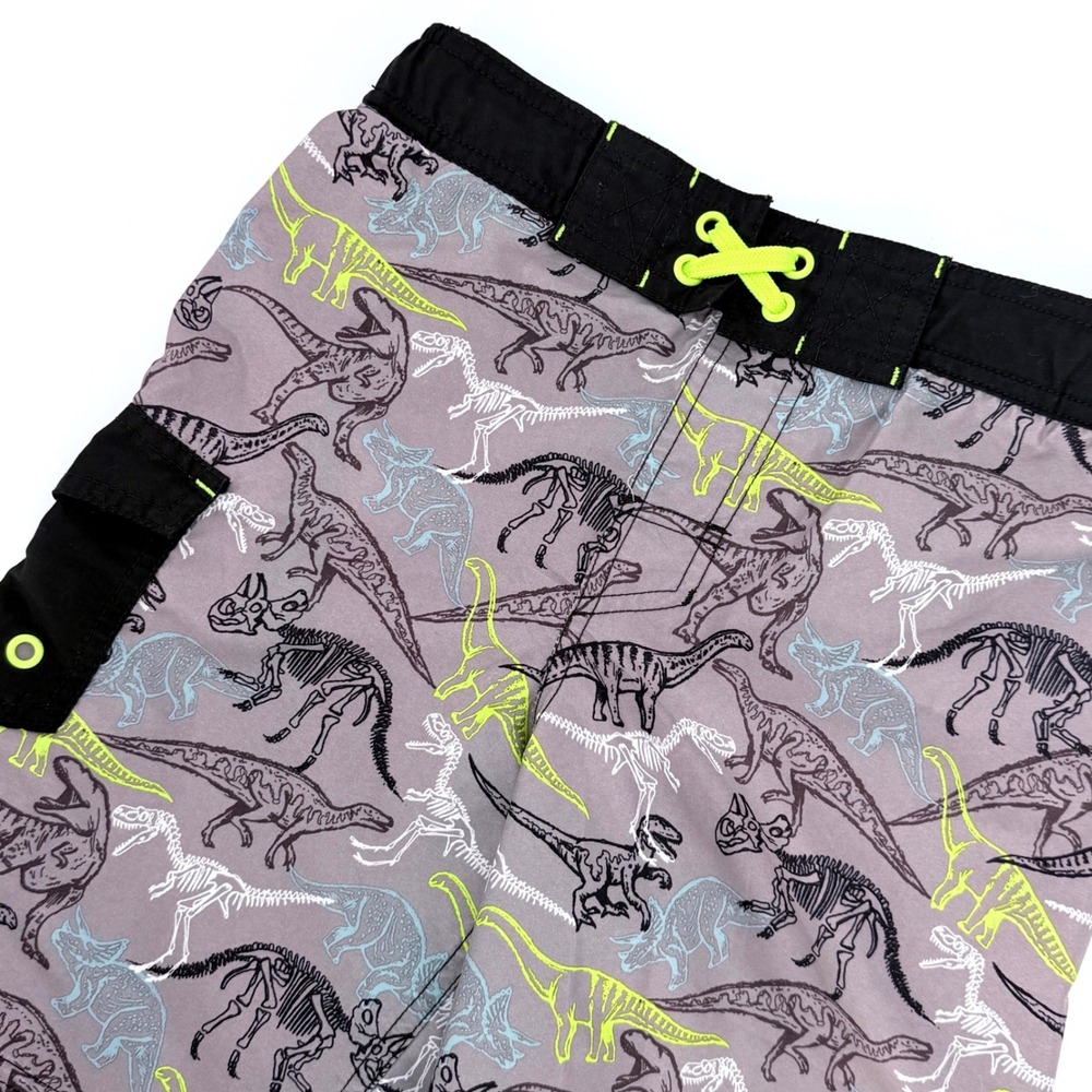 Cat & Jack Swim Trunks Boys M 8/10 Grey Neon Green Dinosaur Theme Board Shorts